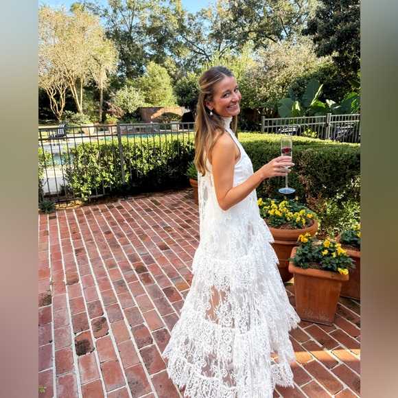 BHLDN White Lace Halter Ruffle Peekaboo Maxi Dress - Picture 3 of 12